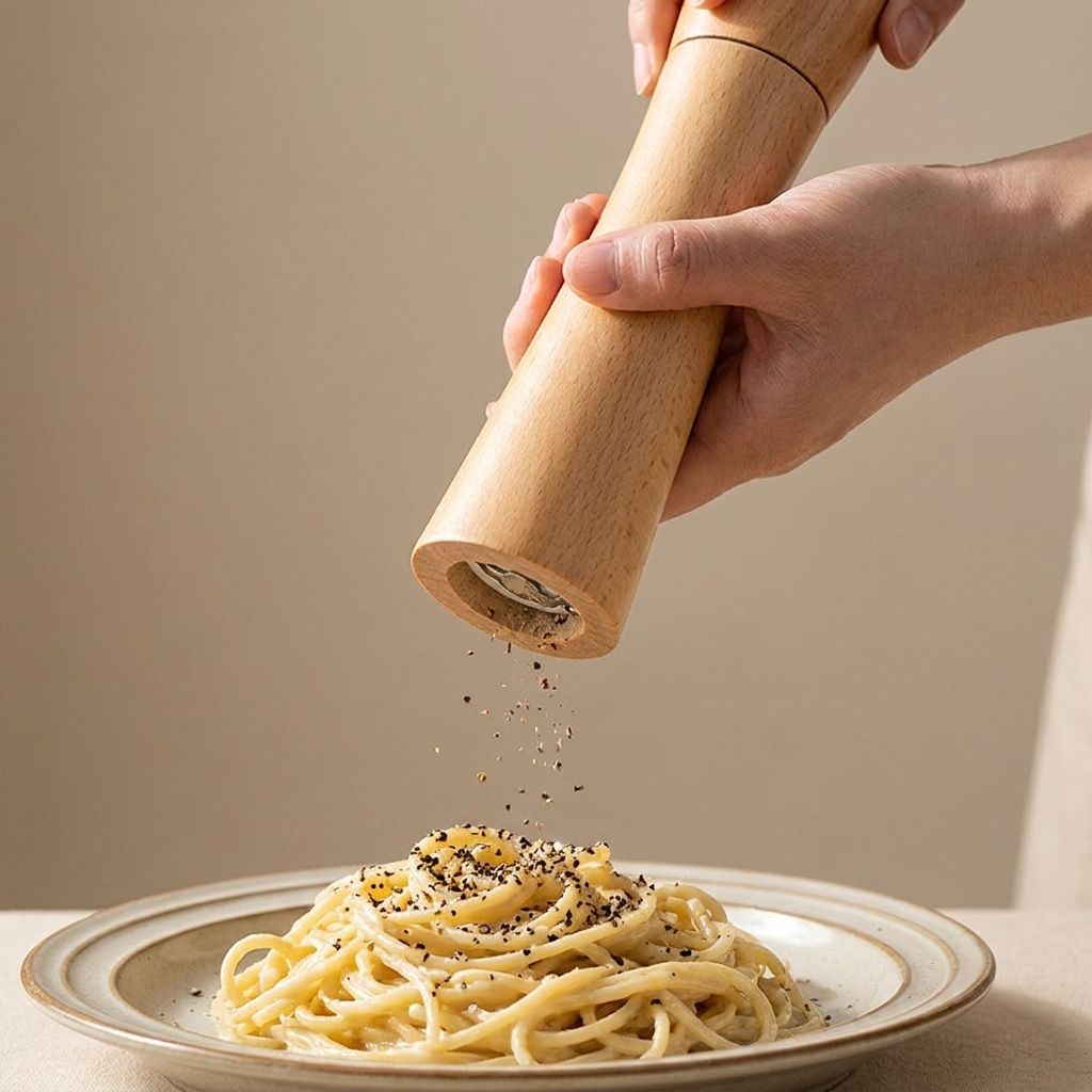 Hand grinding fresh pepper over a plate of pasta