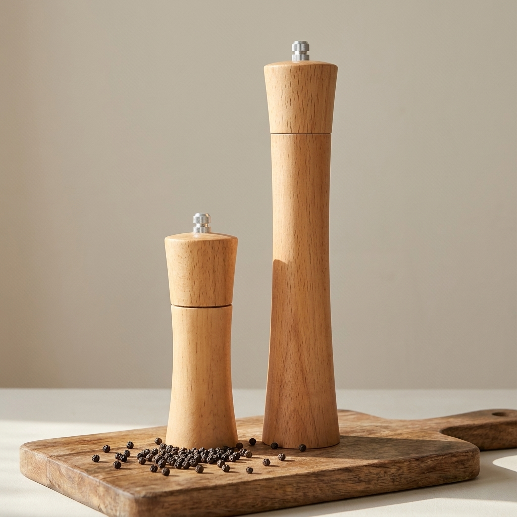 Two beech wood pepper mills of different heights