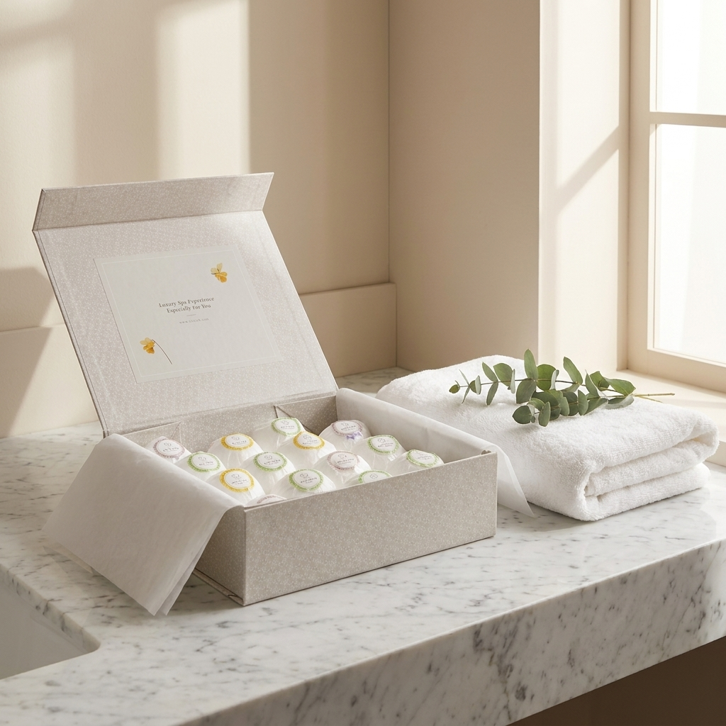 Open box of wrapped bath bombs on a marble bathroom counter with eucalyptus