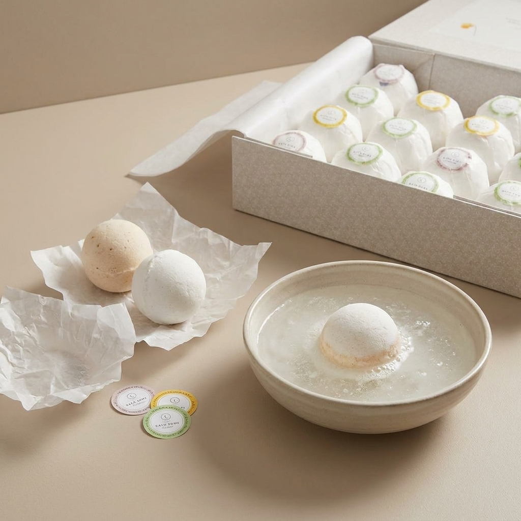 Unwrapped natural bath bomb fizzing in water