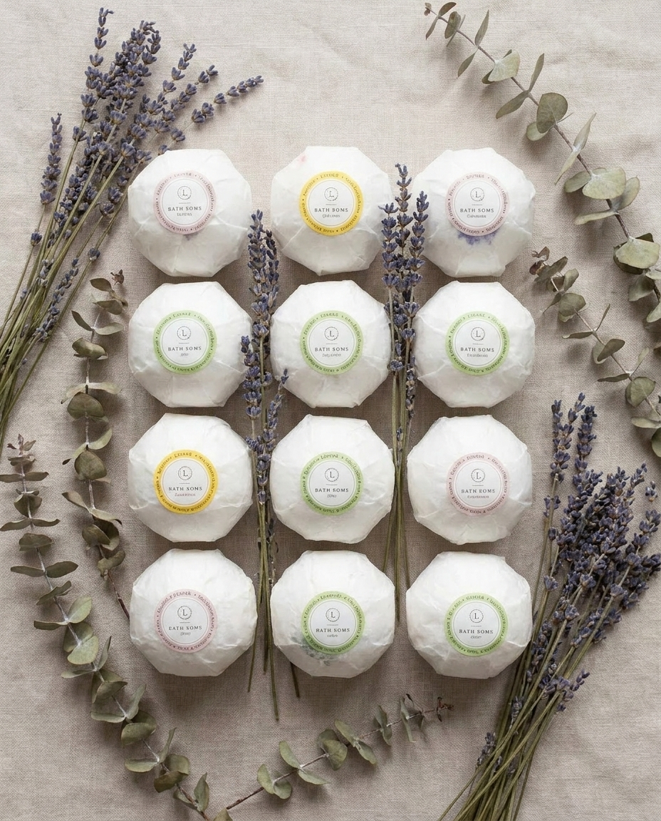Flat-lay of wrapped bath bombs with dried lavender and eucalyptus