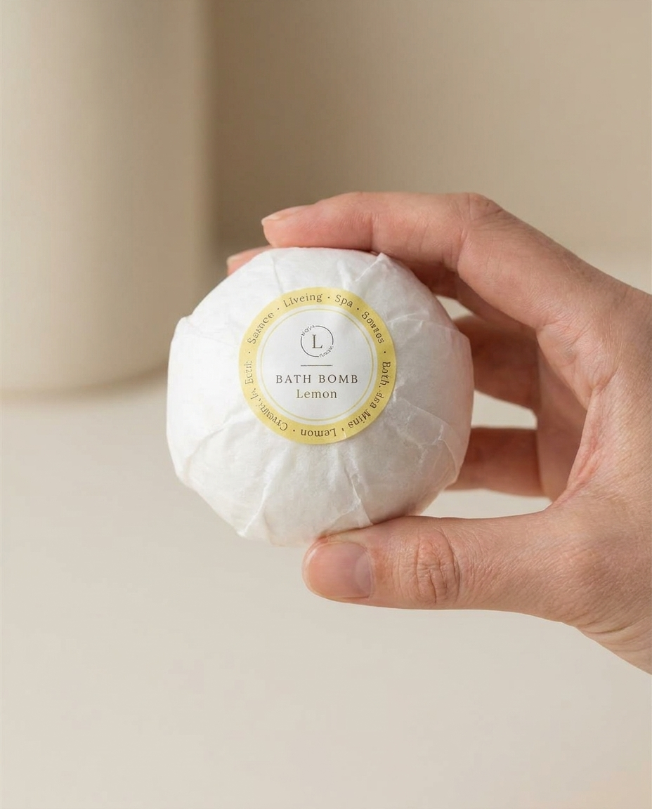 Close-up of an individually wrapped natural bath bomb