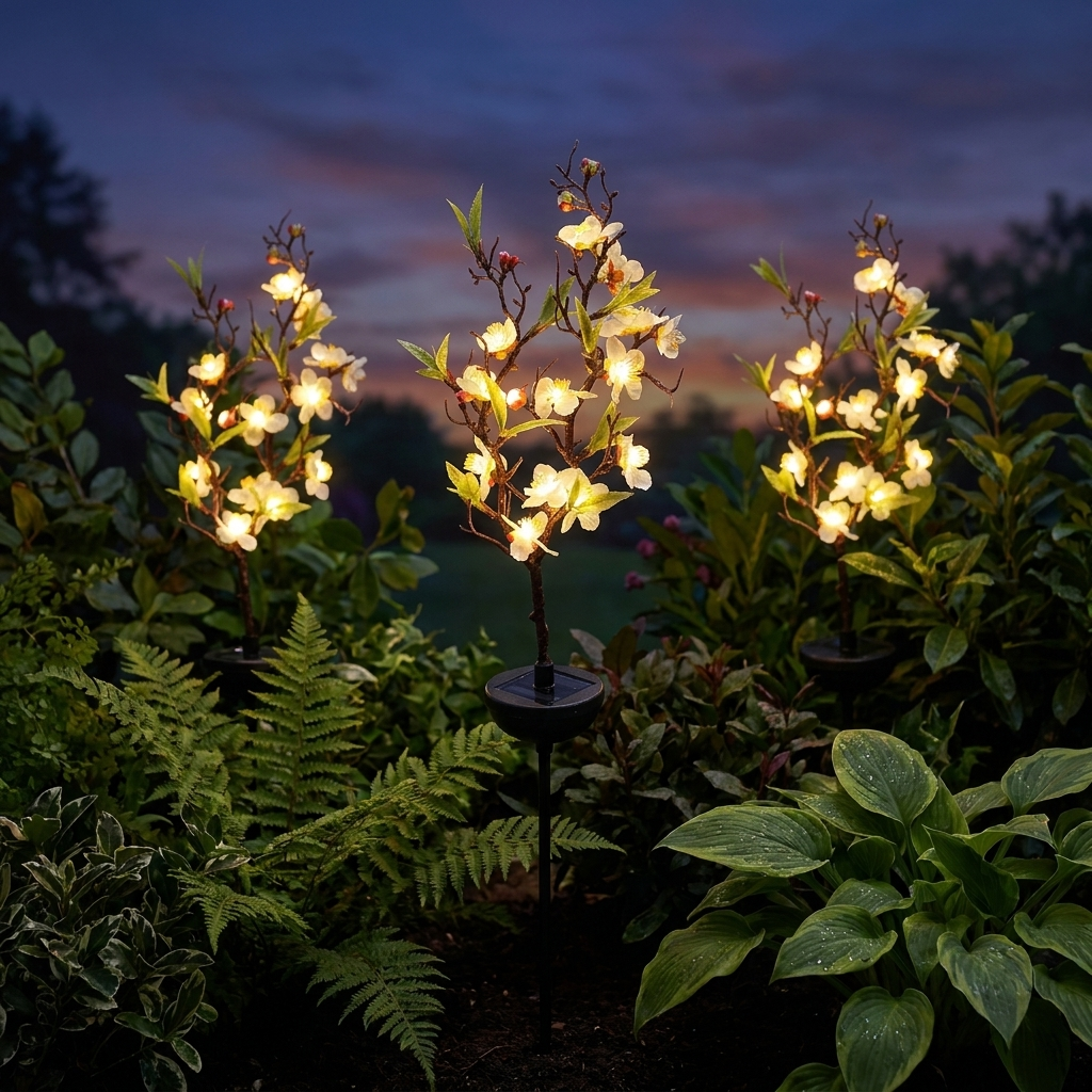 Cherry blossom solar lights glowing in a garden flower bed at dusk