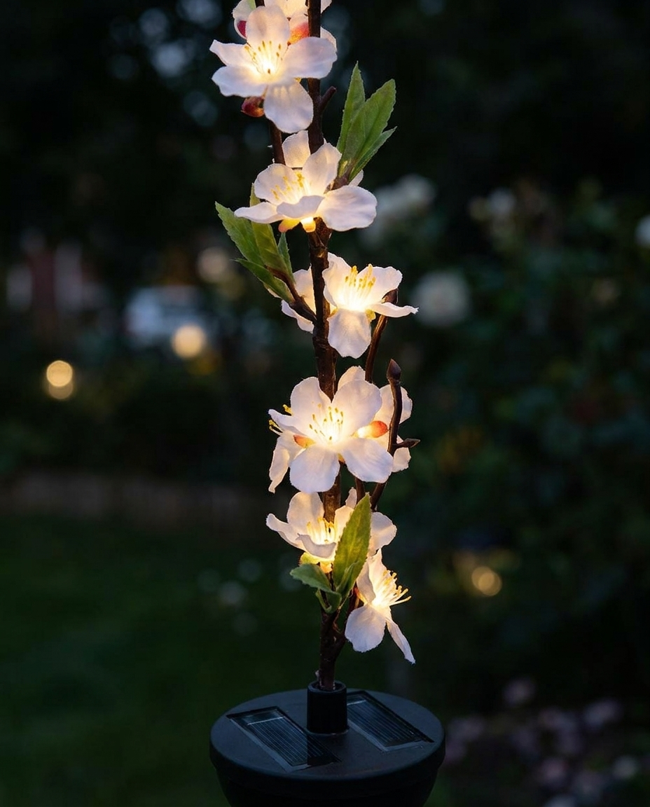 Close-up of glowing white cherry blossoms at dusk