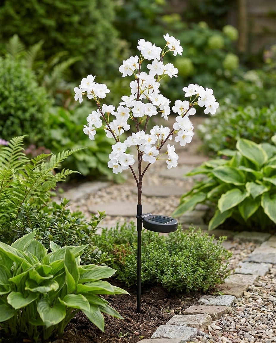 Cherry blossom solar stake light planted along a garden path in daylight