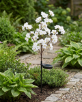 Cherry blossom solar stake light planted along a garden path in daylight