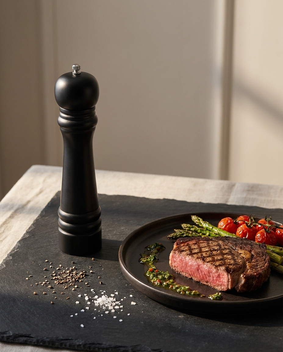Black pepper grinder on a slate table beside a plated steak
