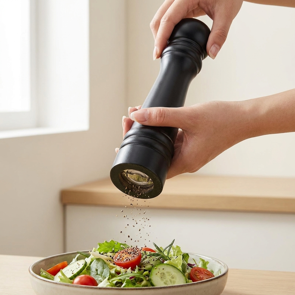 Hand twisting the grinder knob to grind pepper over a salad