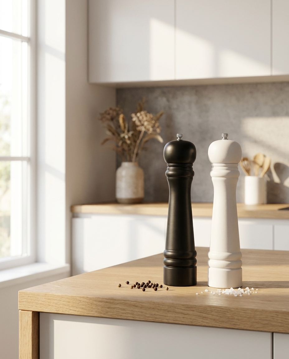 Black pepper grinder on a minimalist kitchen counter