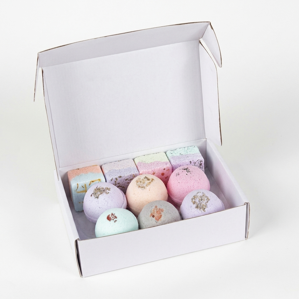 Open gift box of natural bath bombs and shower steamers