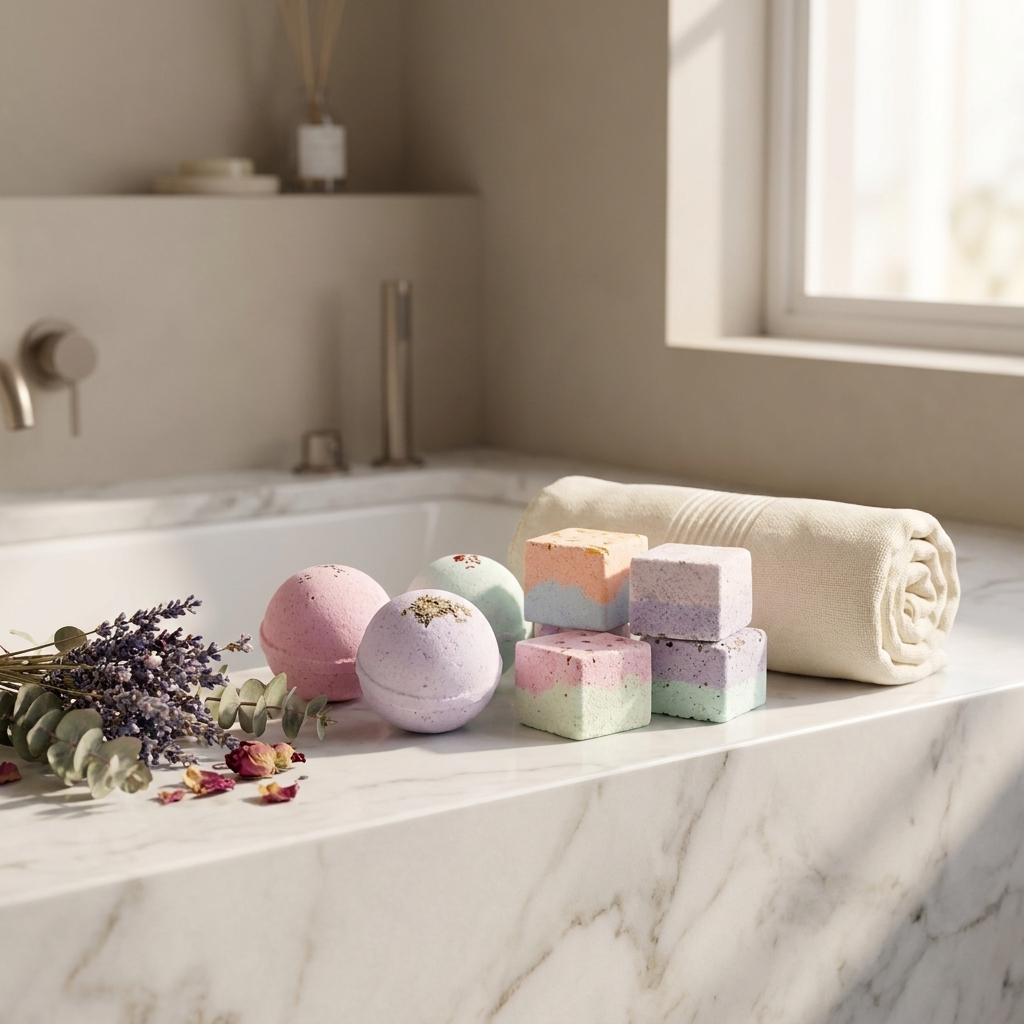 Bath bombs and shower steamers on a marble bathroom ledge