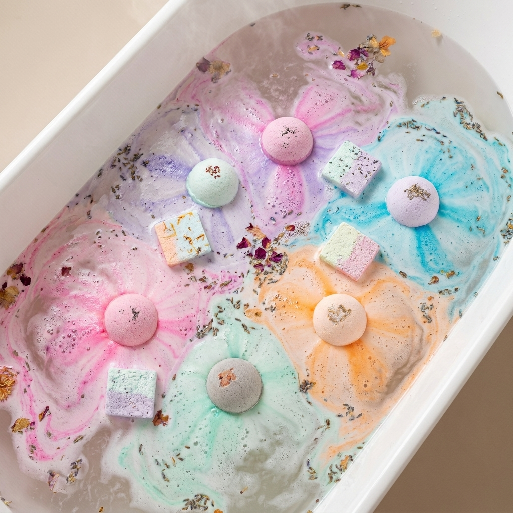 Bath bomb fizzing with colorful swirls in a warm bath
