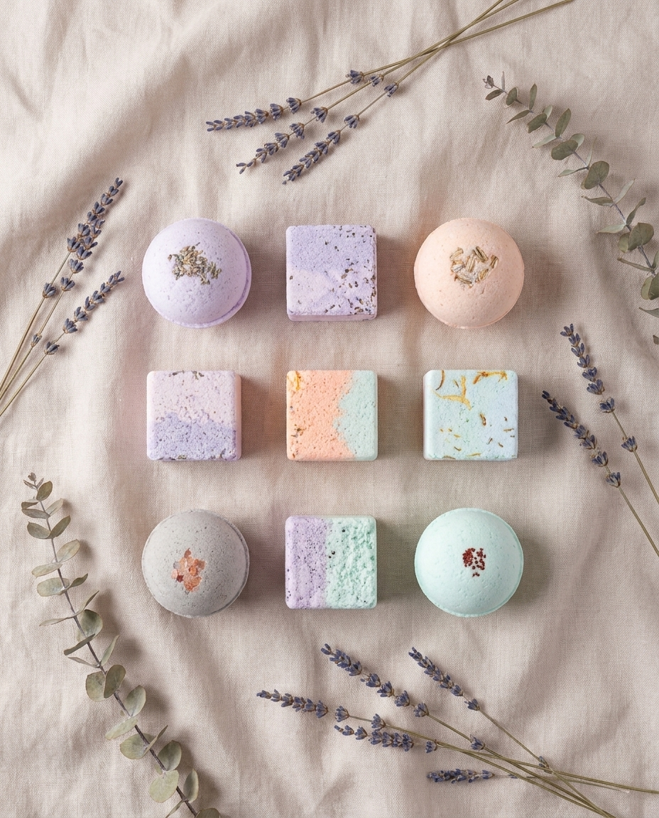 Flat-lay of bath bombs and steamers with dried lavender and eucalyptus