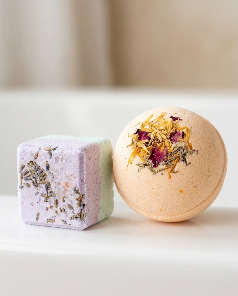Close-up of a shower steamer and bath bomb with dried petals