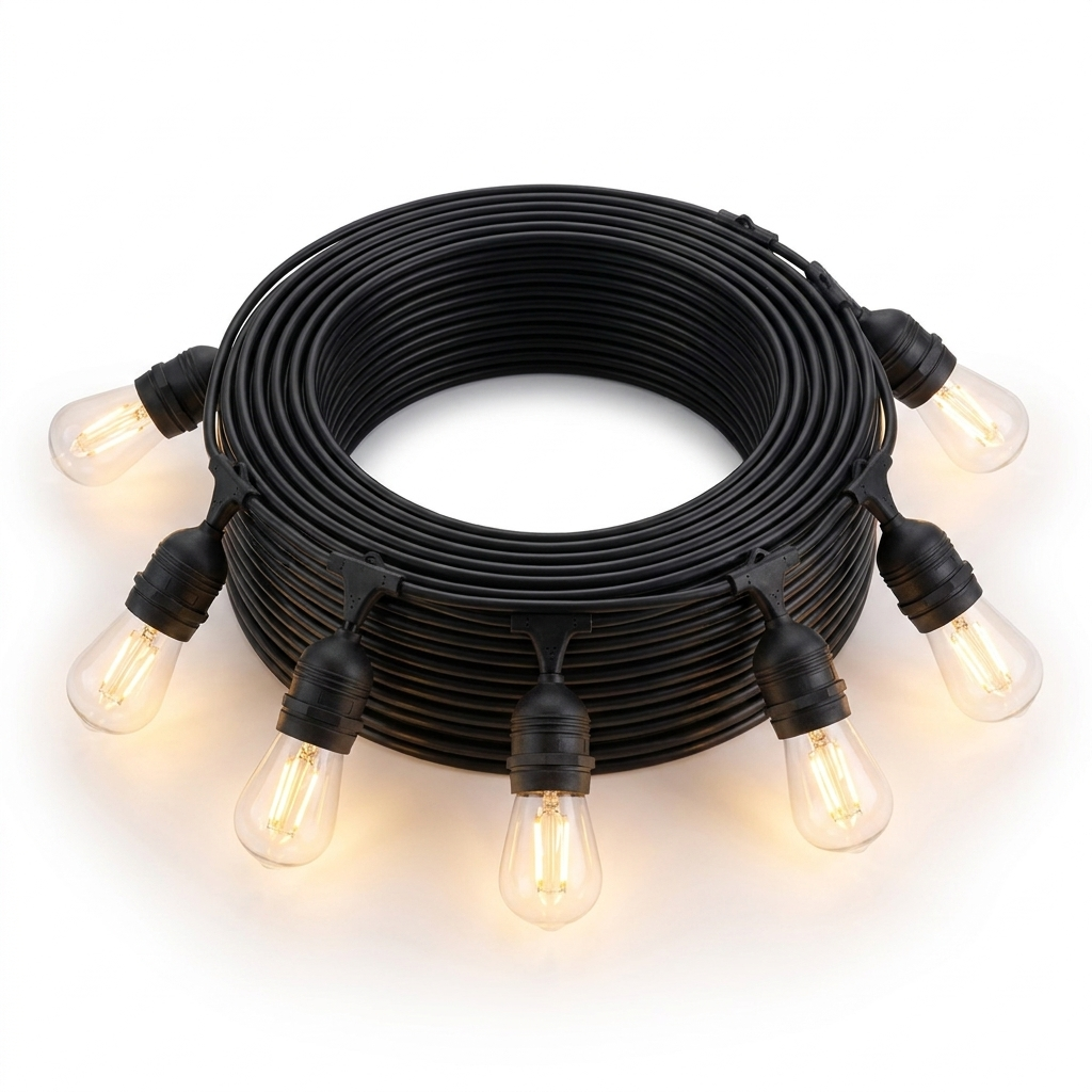 Outdoor Edison bulb string lights on white background
