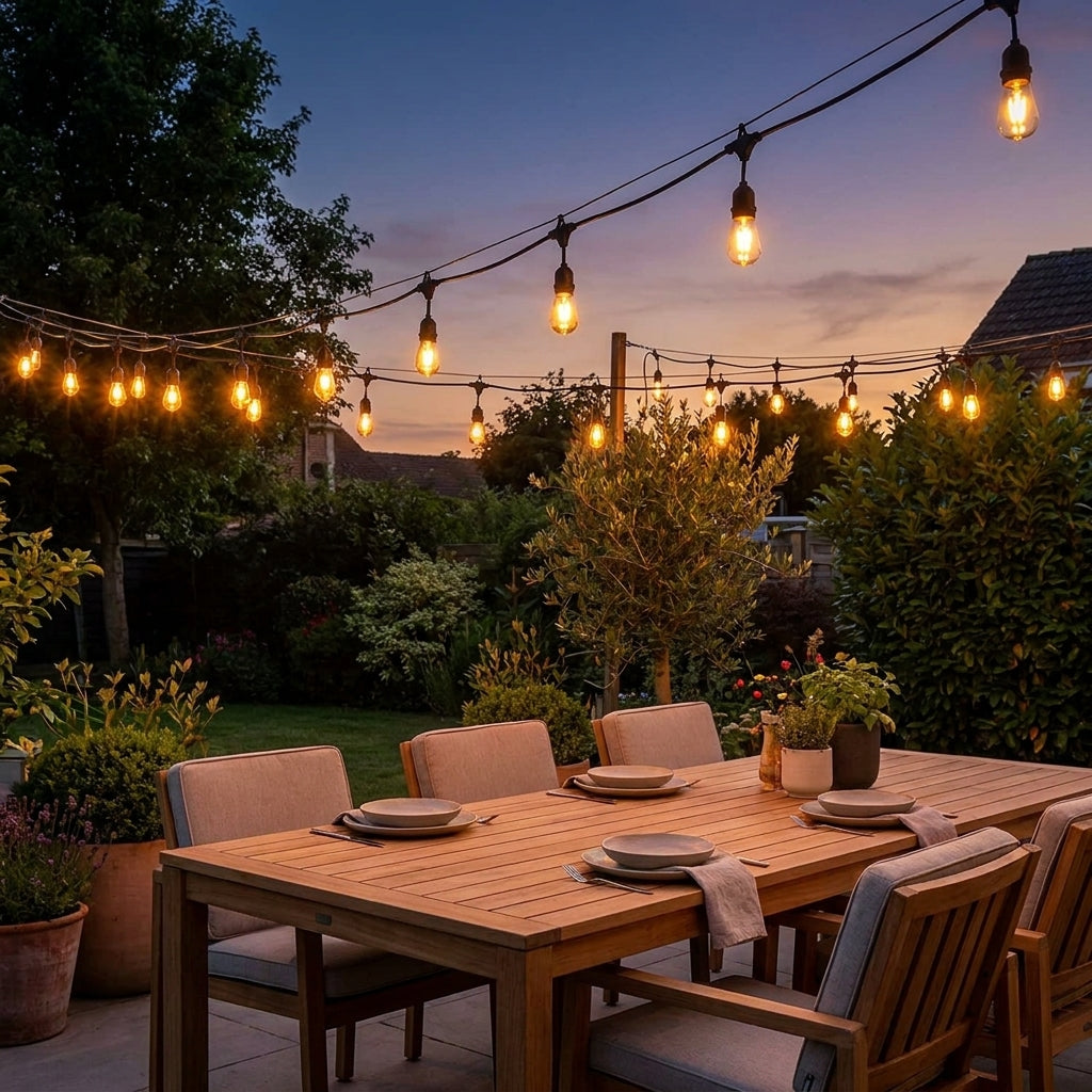 Edison bulb string lights glowing over a backyard patio at dusk