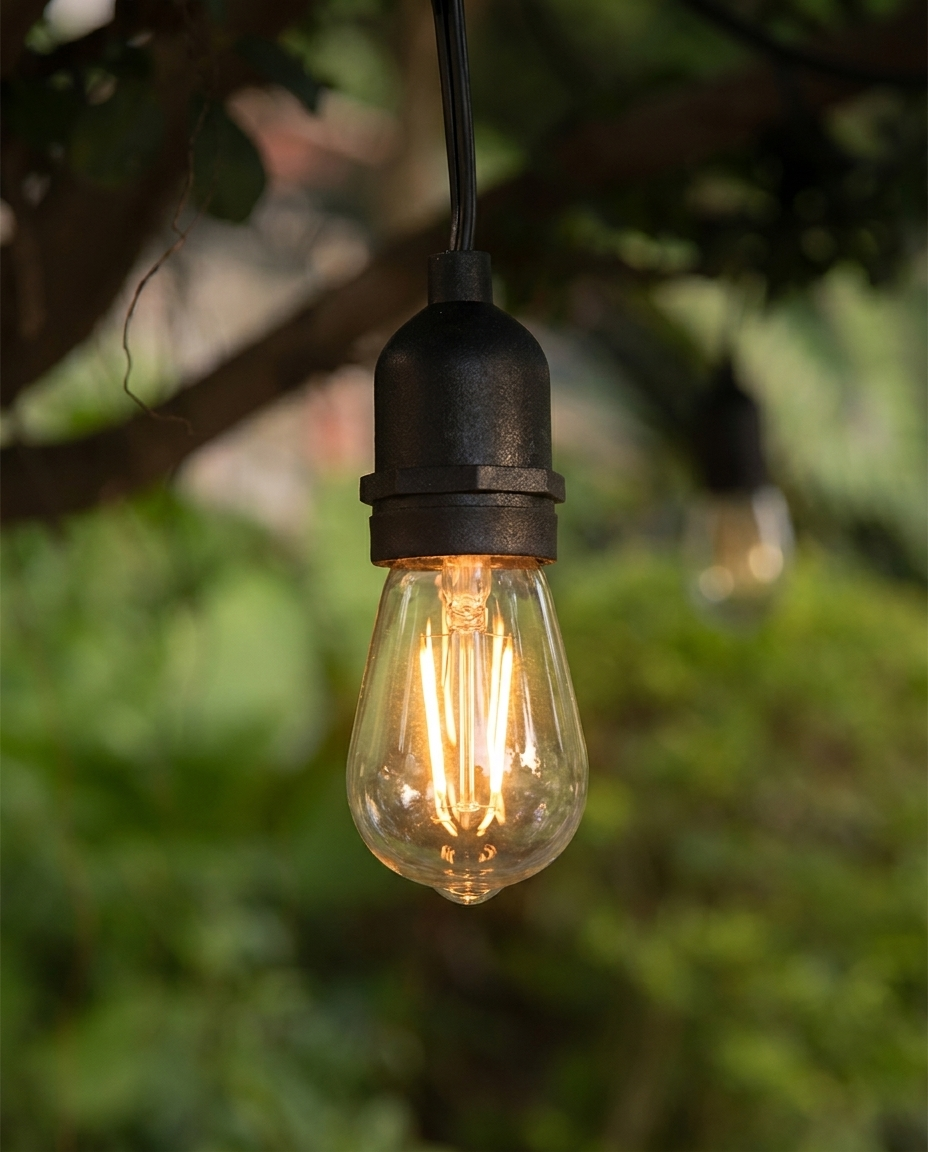 Close-up of a warm-glowing Edison filament bulb in its weatherproof socket