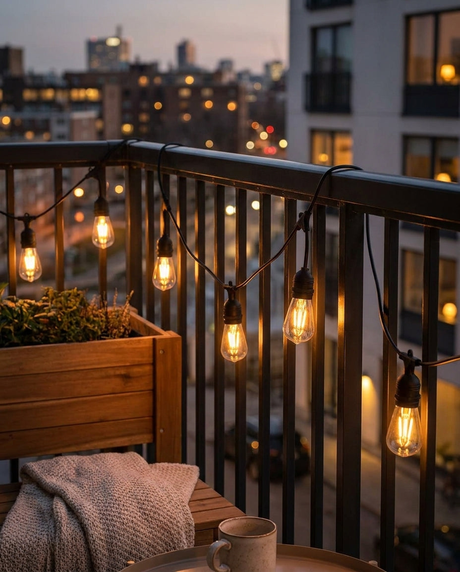 Edison bulb string lights glowing along a balcony railing at dusk
