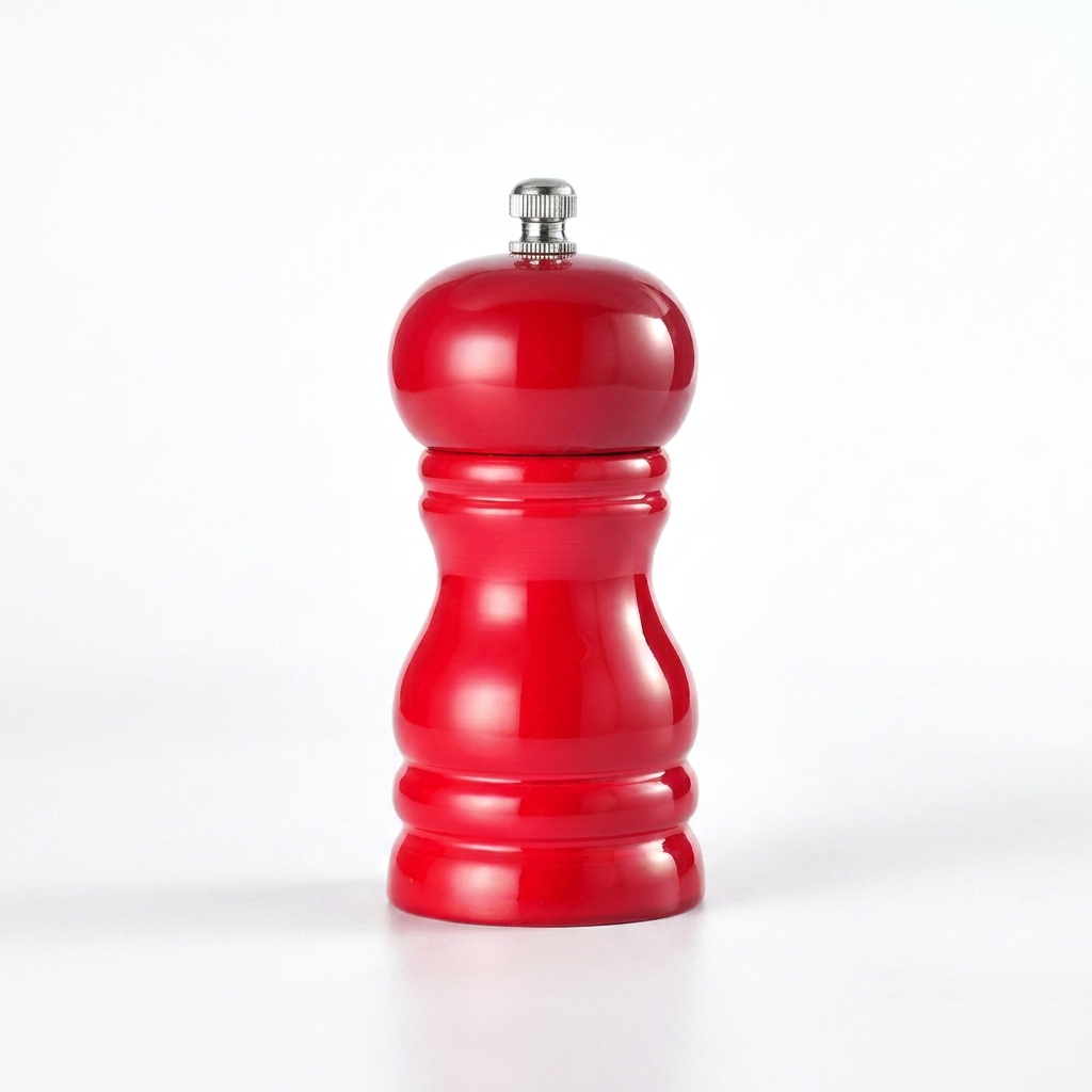 4-inch glossy red wood pepper mill - white background