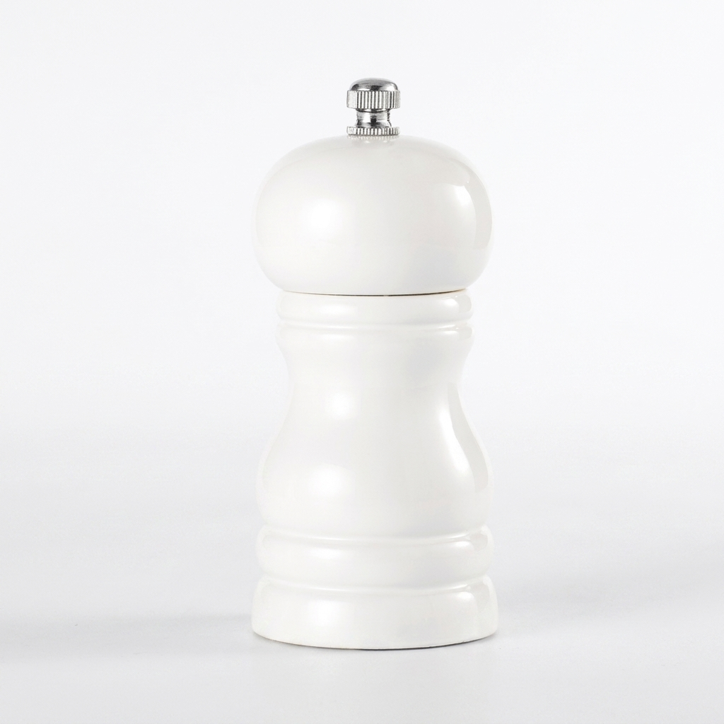 4-inch glossy white wood pepper mill - white background