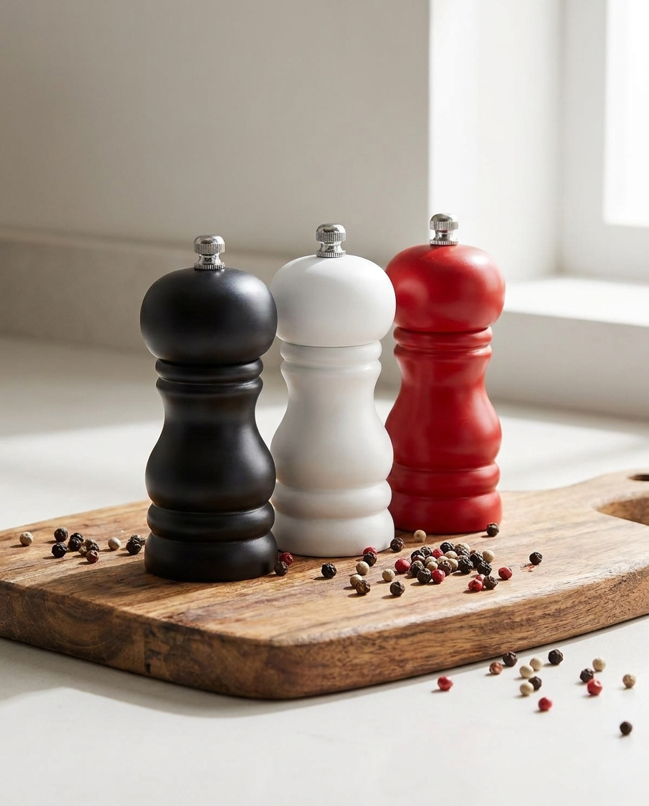4-inch wood pepper mills in black, white, and red
