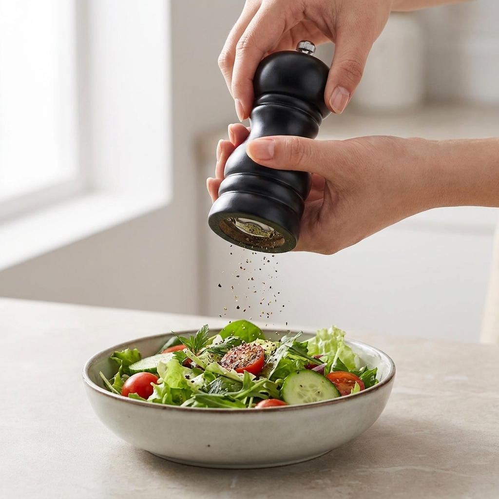 Hand grinding a small pepper mill over a salad