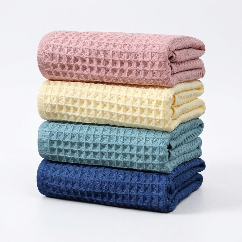 Stack of waffle honeycomb cotton bath towels in pink, cream, teal and navy