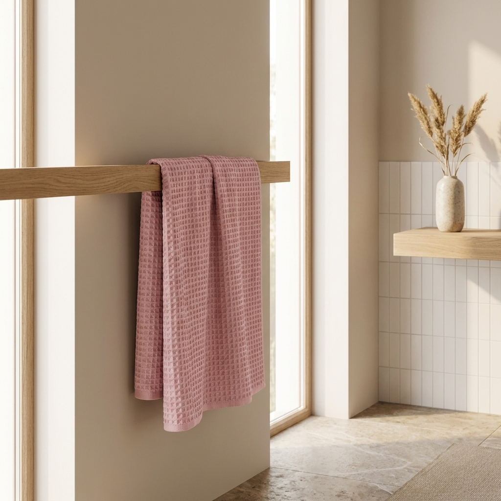 Waffle cotton bath towel hanging on a rail in a modern bathroom