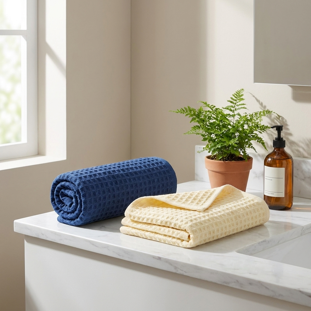 Rolled and folded waffle cotton towels on a marble counter