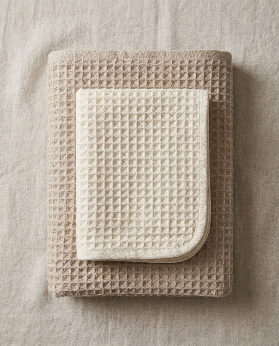 Flat-lay of a folded waffle cotton bath towel set