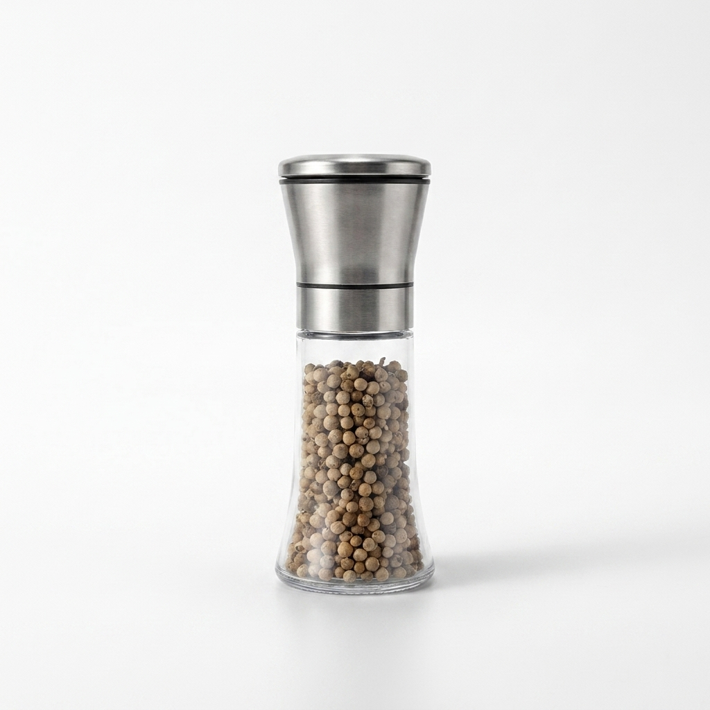 Stainless steel pepper grinder with glass body - white background