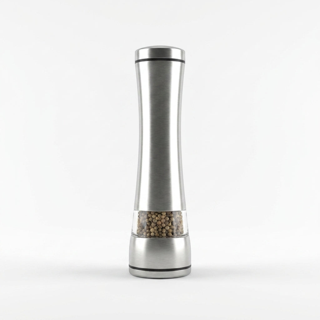 Tall slim stainless steel pepper grinder