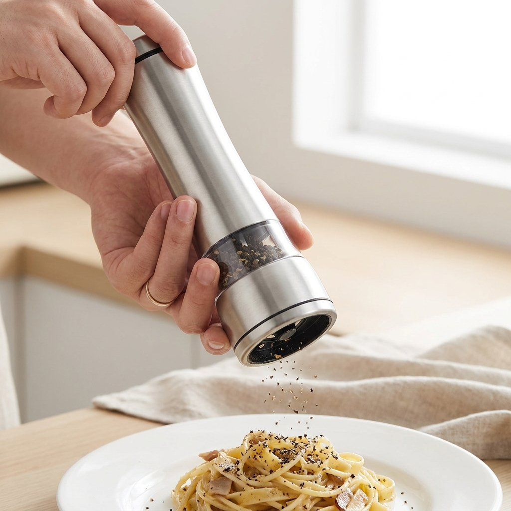 Hand grinding fresh pepper over a dish