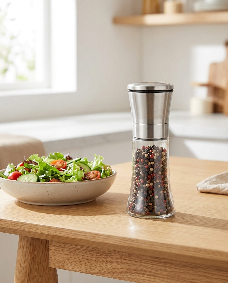 Pepper grinder on a kitchen table beside a salad bowl