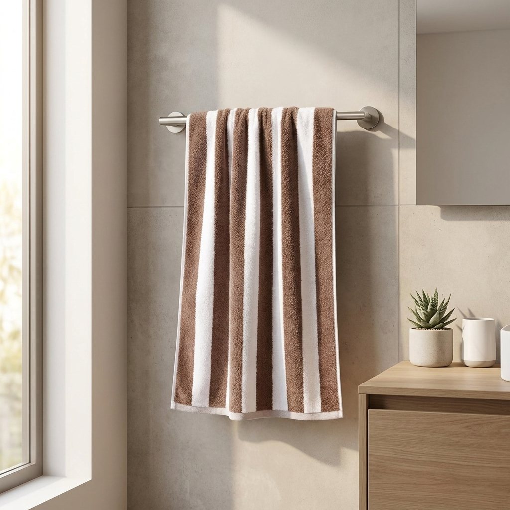 Striped soft bath towel hanging on a rail in a modern bathroom