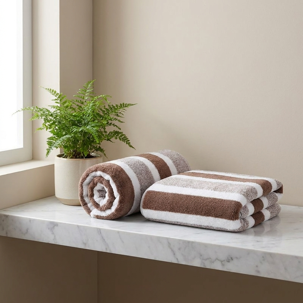 Rolled and folded striped towels on a marble bathroom shelf