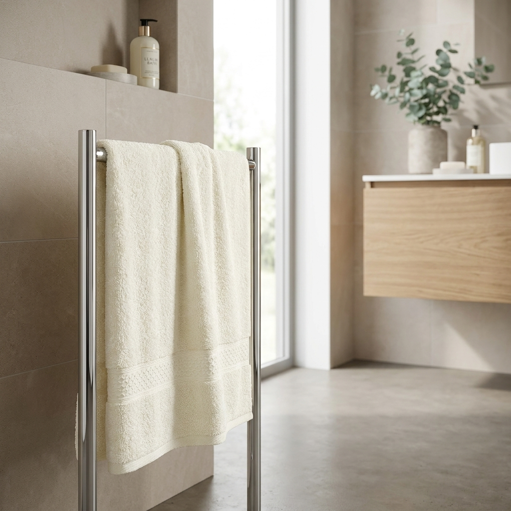 Plush cotton bath towel hanging on a rail in a spa bathroom