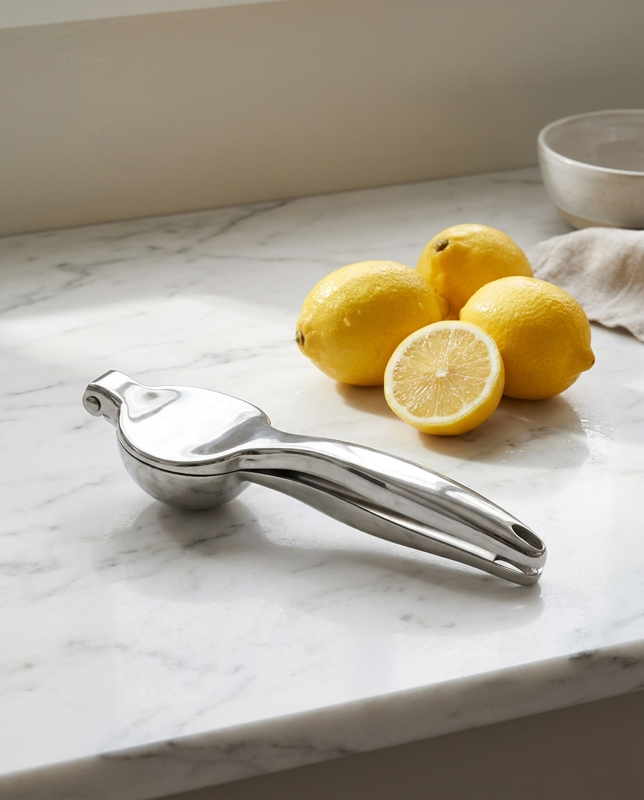 Lemon squeezer on a marble counter beside fresh lemons