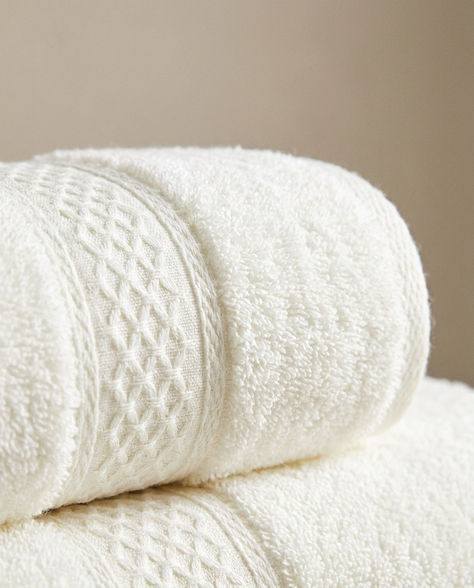 Close-up of plush cotton towel pile and woven dobby border
