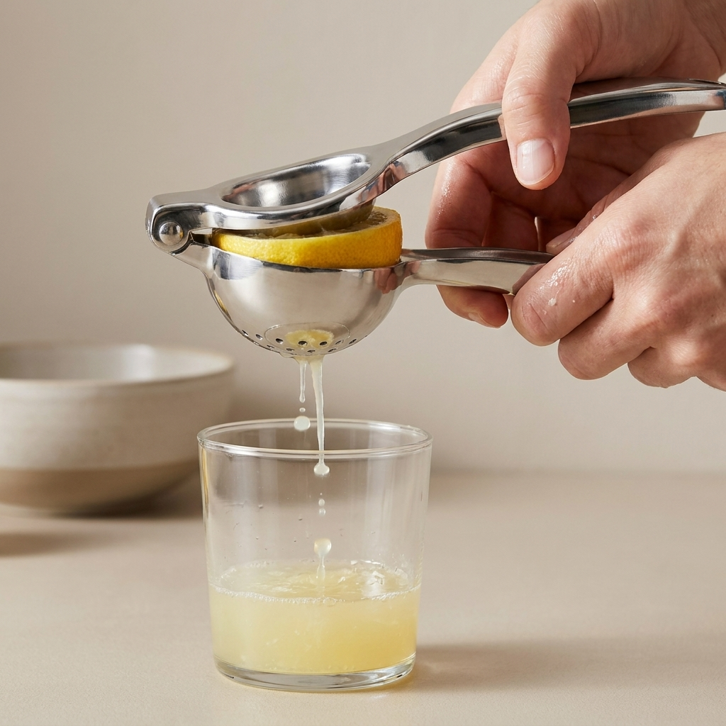 Hand squeezing a lemon into a glass with the steel squeezer
