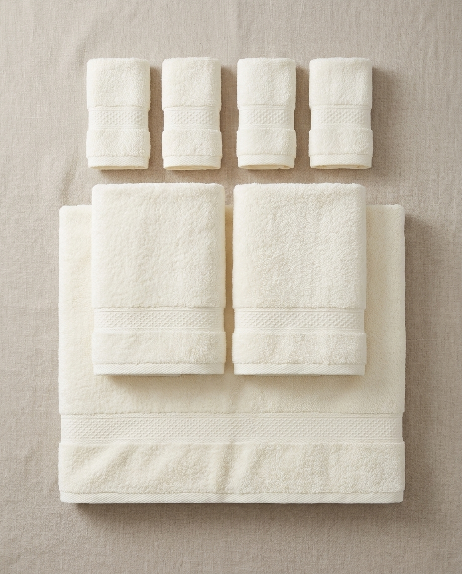Flat-lay of the 6-piece plush cotton towel set by size