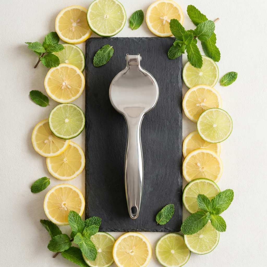 Lemon squeezer on a slate board with citrus and mint