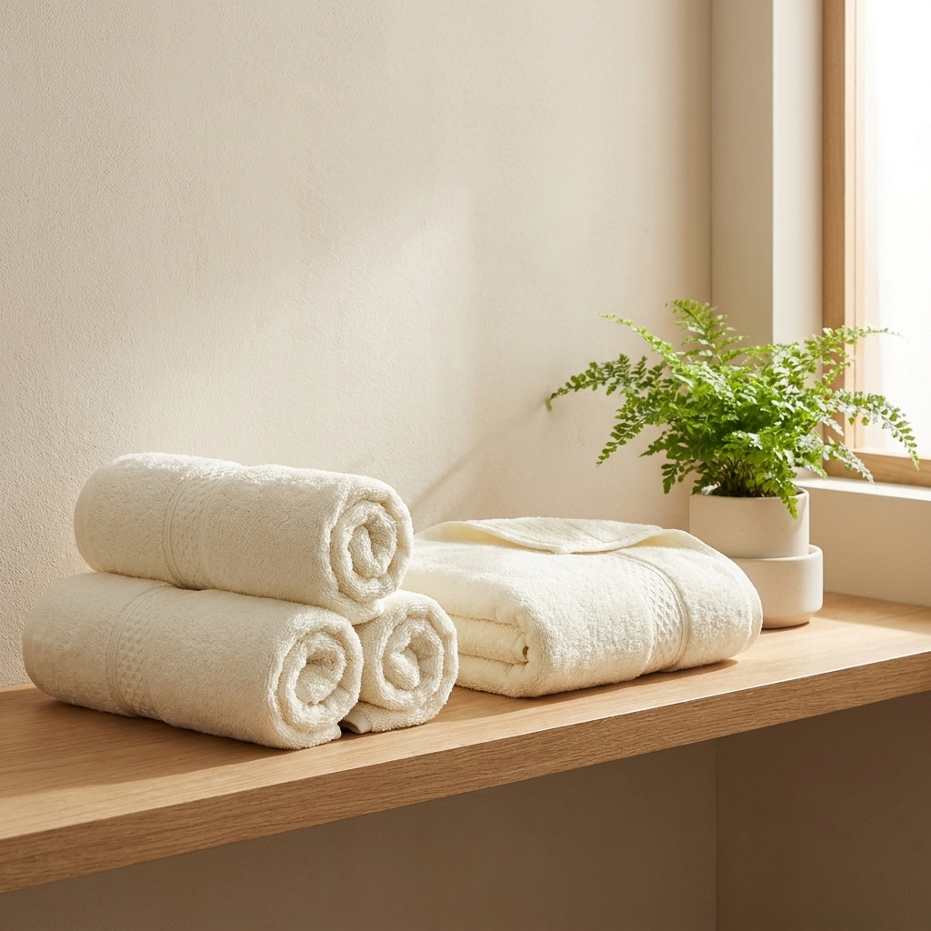 Rolled and folded plush cotton towels on a bathroom shelf