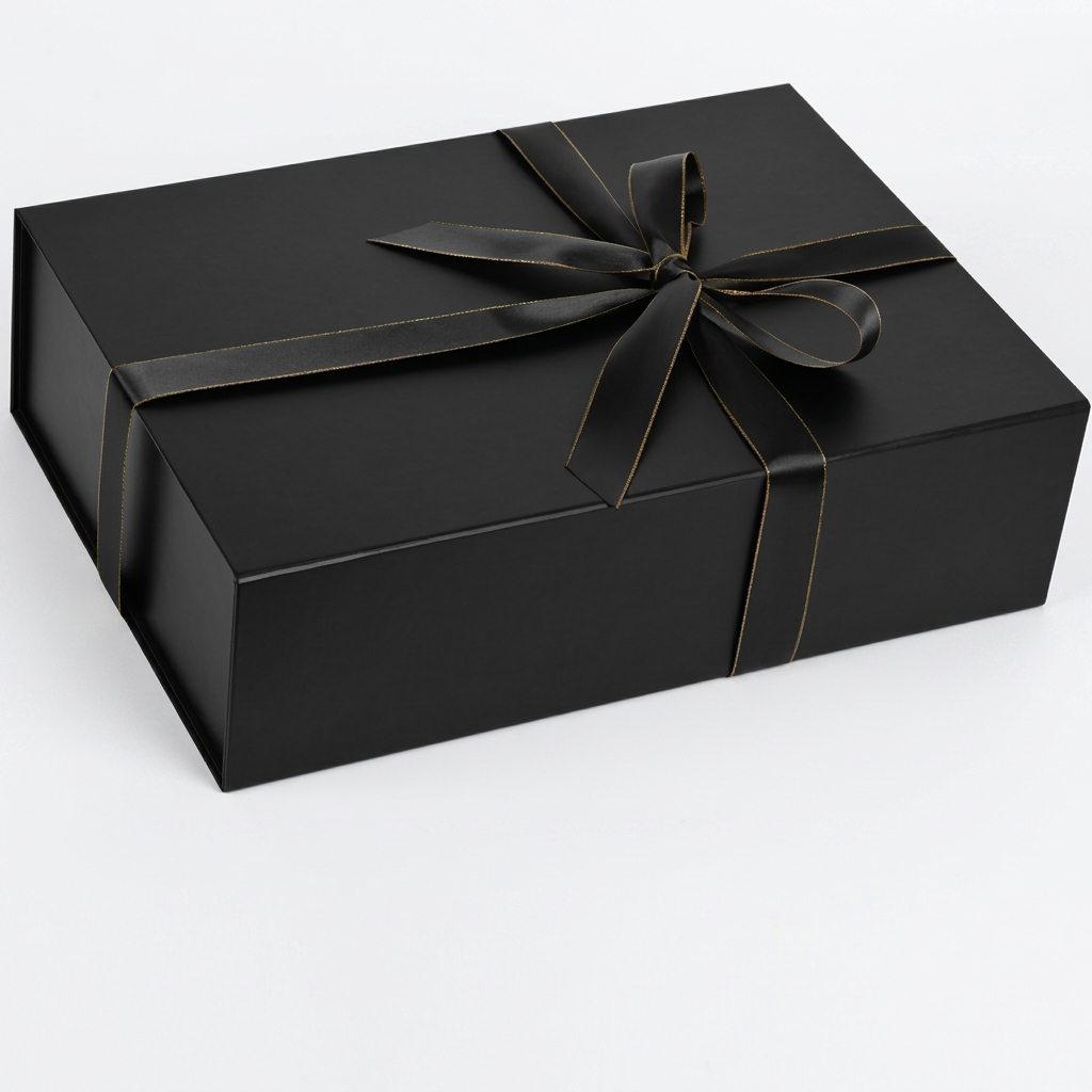 Black magnetic gift box with gold-edged ribbon bow
