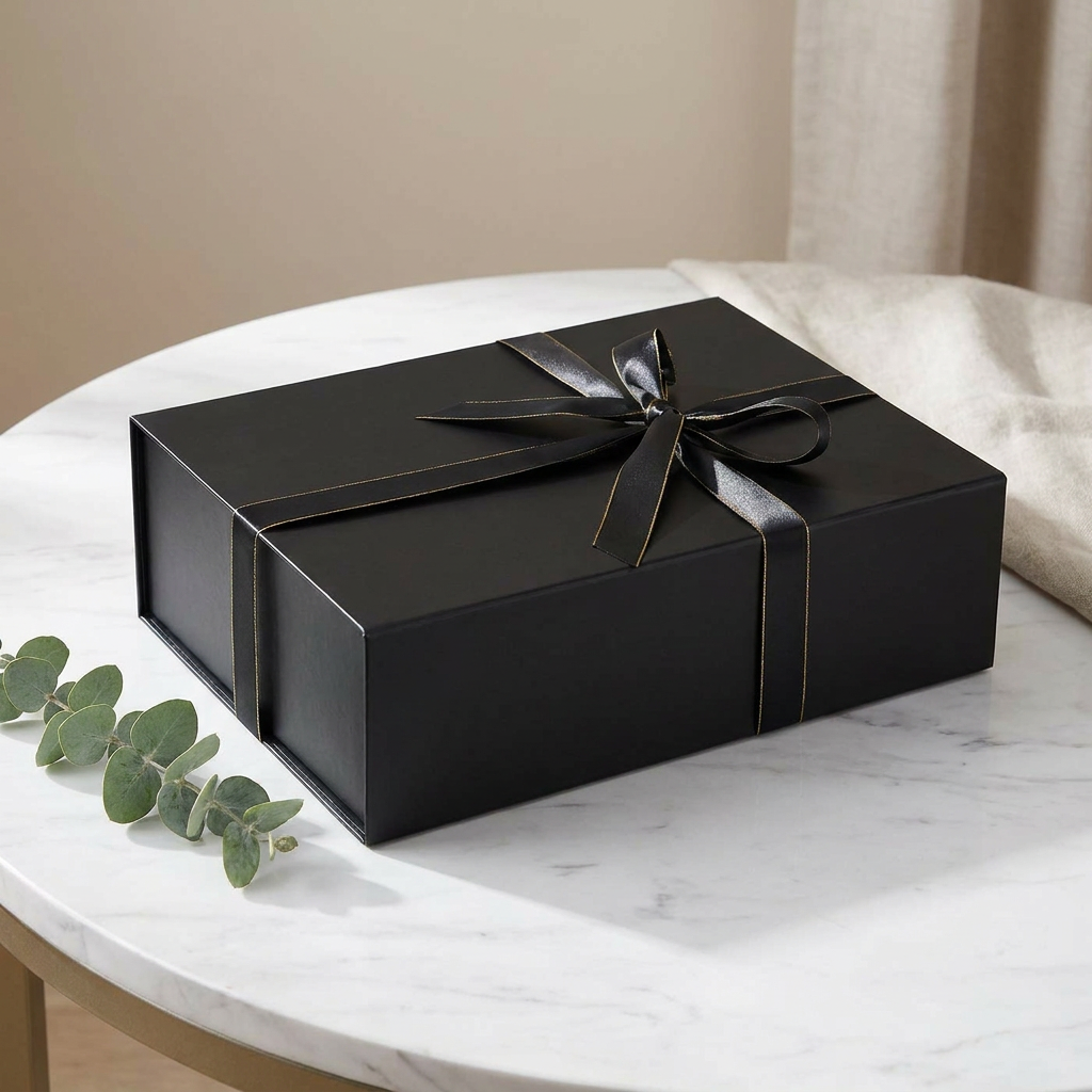 Black gift box on marble table with eucalyptus