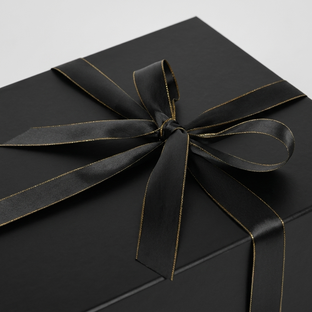 Close-up of gold-edged satin ribbon bow on black gift box