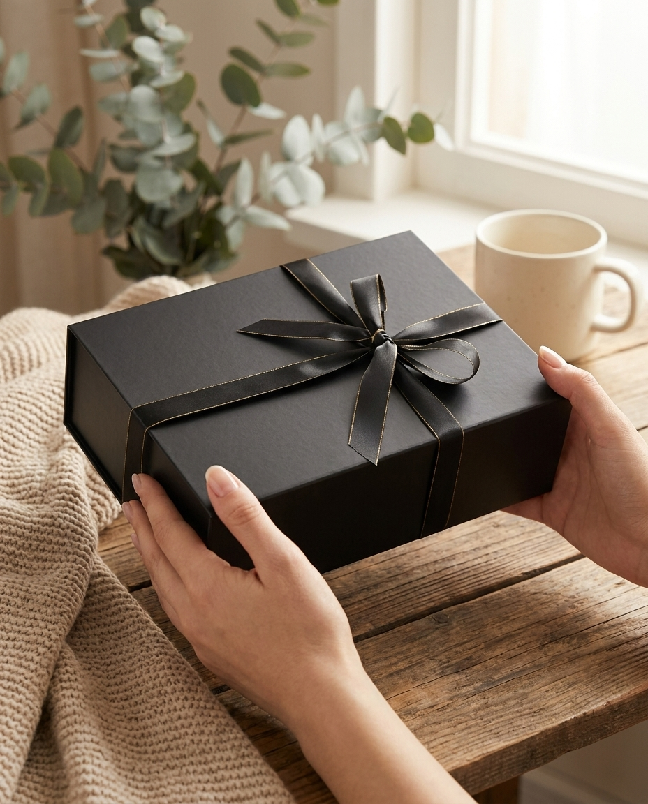 Hands presenting black gift box with ribbon