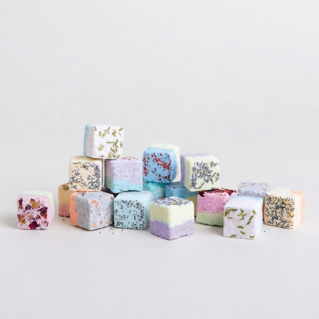 Set of 12 pastel aromatherapy shower steamers on white background