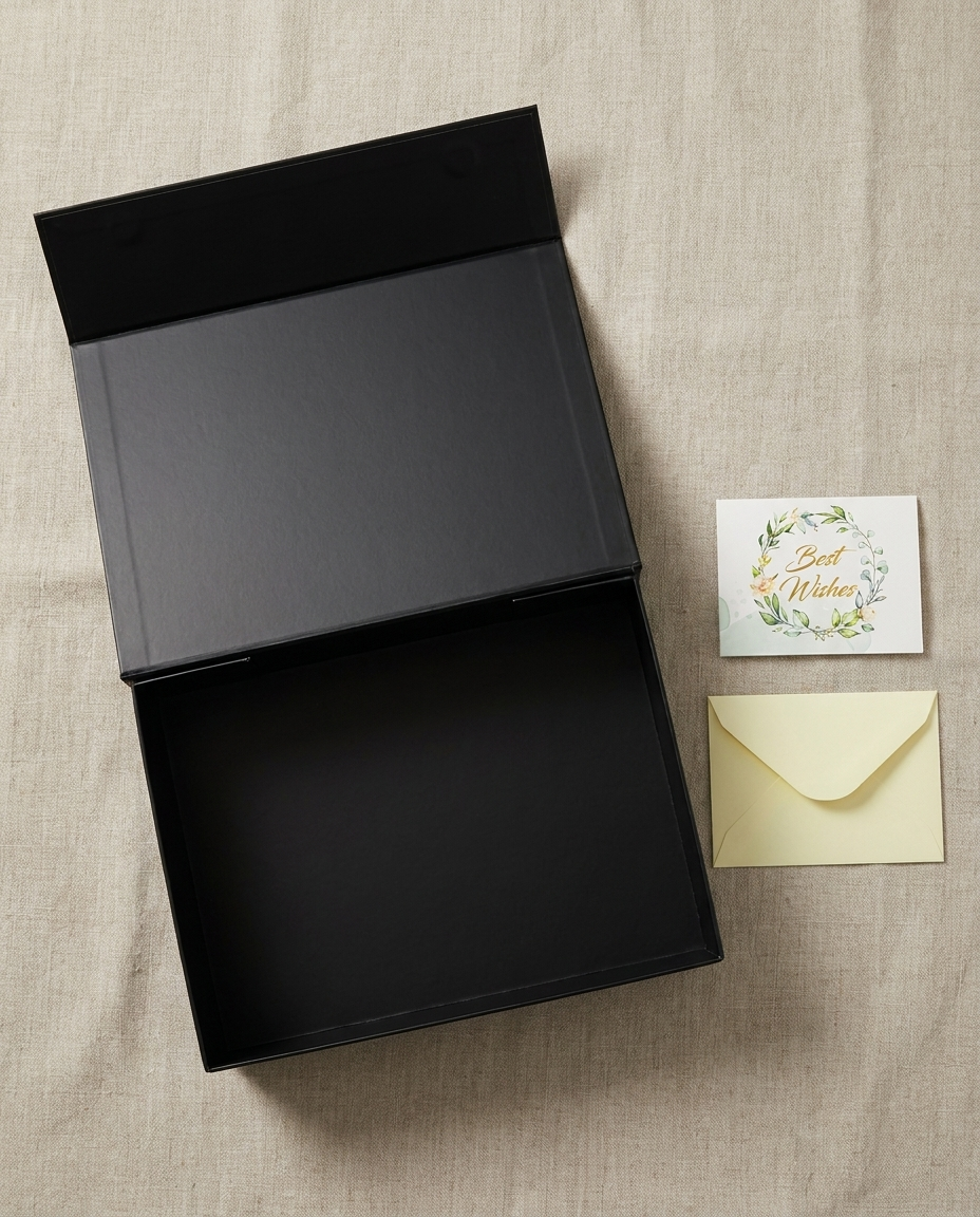 Open black gift box with greeting card and envelope flat-lay