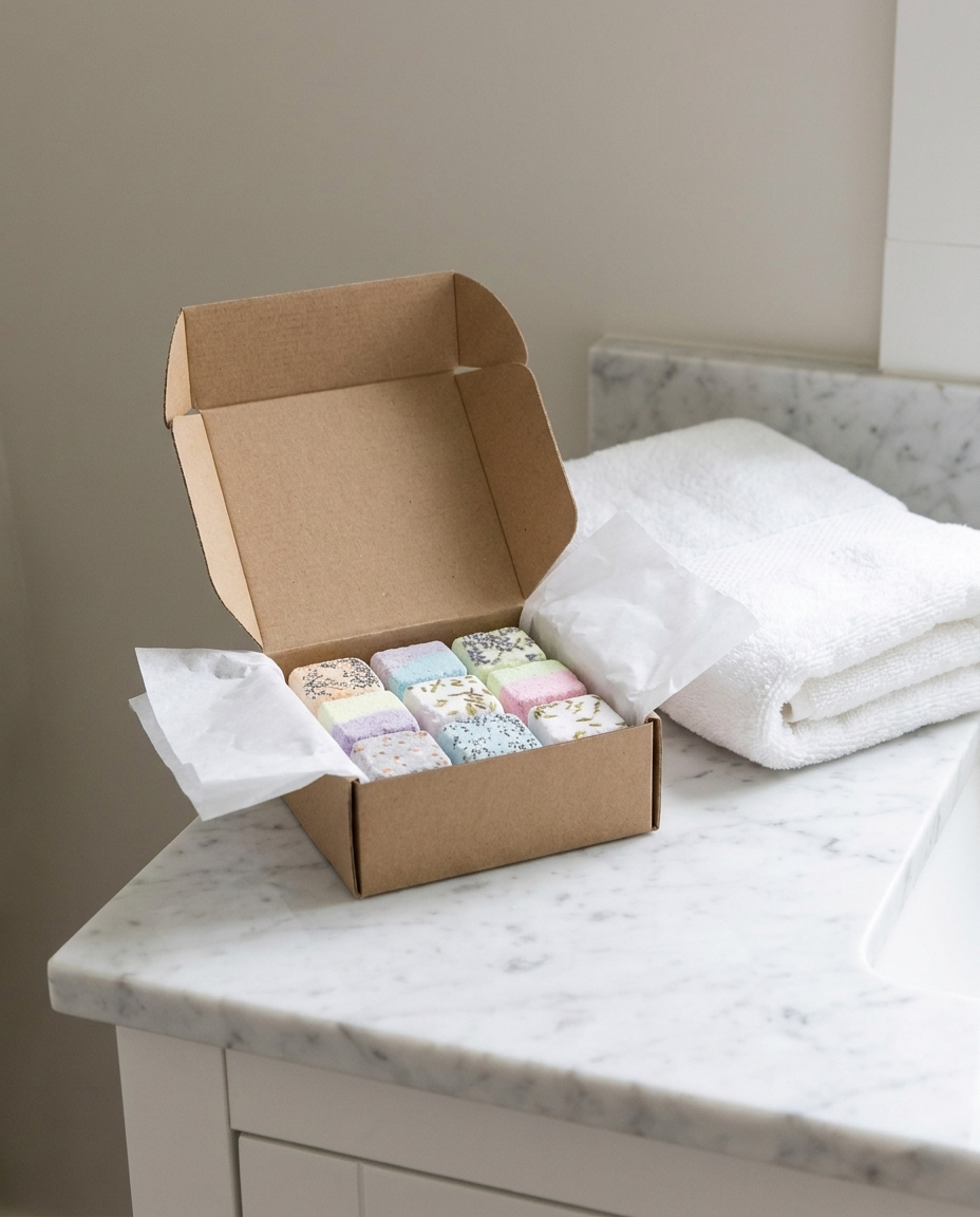 Shower steamers in a gift box on a marble bathroom counter